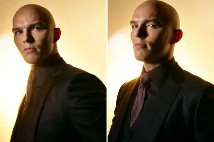 HD PC desktop wallpaper: two-panel portrait of a bald man in a dark suit with warm backlight, styled as Superman (2025) from DC Comics.