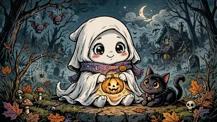 Spooky-cute 4K Ultra HD PC desktop wallpaper: a child in a ghost costume holding a jack-o'-lantern beside a black cat in a moonlit Halloween forest with pumpkins and a haunted house.