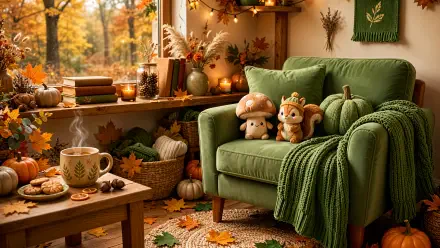 Cozy fall 4K Ultra HD PC desktop wallpaper: autumn living room scene with green armchair, plush toy squirrels and mushrooms, steaming mug, pumpkins and warm golden foliage through the window.