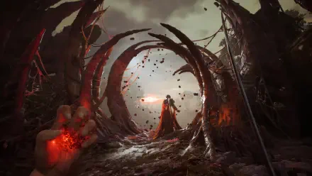HD PC desktop wallpaper/background: Valor Mortis — hooded figure faces a blood-streaked ring portal in twisted ruins, embers and falling ash.