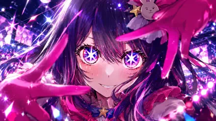4K Ultra HD PC wallpaper: anime portrait of Ai Hoshino (Oshi no Ko), a girl with neon pink-purple hair, star-shaped glowing eyes and gloved hands framing her face against a sparkling landscape.
