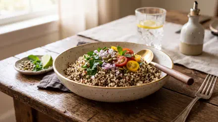 5K Ultra HD PC desktop wallpaper: rustic bowl of quinoa salad topped with cherry tomatoes, herbs and seeds, beside a glass of lemon water on a weathered wooden table.