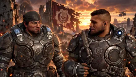 4K Ultra HD PC wallpaper: Marcus Fenix and Dominic Santiago in heavy COG armor, soldiers standing amid a ruined city with a Gears of War E-Day flag and fiery sunset.