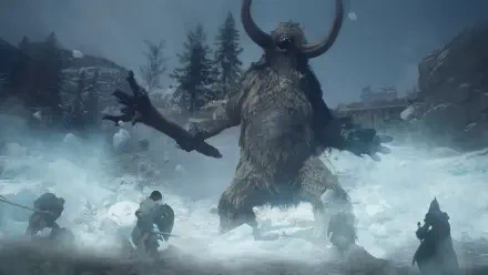 Dragon's Dogma 2 HD PC desktop wallpaper and background: a towering horned giant monster looms over armed figures in a snowy, moonlit battlefield.