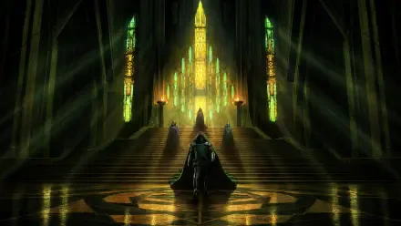 4K Ultra HD PC desktop wallpaper: Doctor Doom stands before a glowing throne in a vast castle as Avengers: Doomsday figures loom, green and gold light flooding the hall.