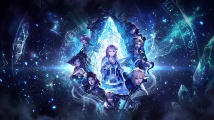 Final Fantasy Resonance anime characters surrounding a glowing blue crystal in a magical night sky, 5K Ultra HD PC desktop wallpaper and background.