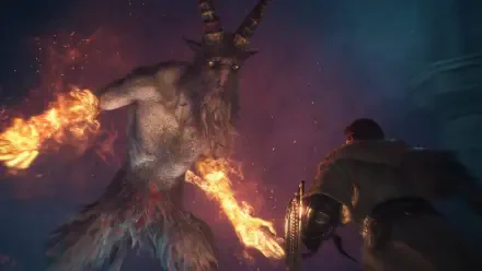 A fire-breathing monster faces an armed warrior in Dragon’s Dogma 2: Dark Arisen, a 4K Ultra HD PC desktop wallpaper.