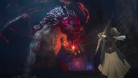 Dragon’s Dogma 2: Dark Arisen 4K Ultra HD PC wallpaper featuring a hulking monster facing a spellcasting mage amid glowing red magic.