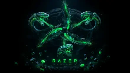 Green Razer snake logo and glowing RAZER text on a dark background, 4K Ultra HD video game PC desktop wallpaper.