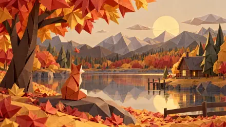 Aesthetic autumn fox beside a tranquil lake in a colorful forest, 4K Ultra HD desktop wallpaper and background.
