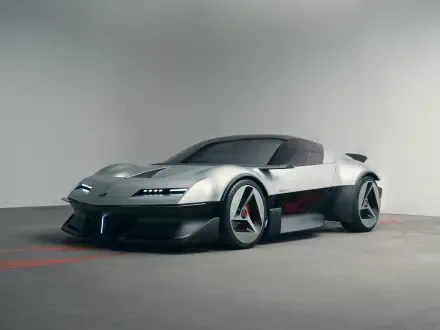 Alpine A310 Vision electric concept car in a sleek studio setting, featured in a 5K Ultra HD PC desktop wallpaper and background.