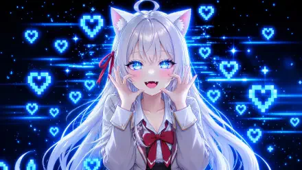 Cute blue-haired cat girl anime wallpaper with glowing blue hearts, inspired by Alya Sometimes Hides Her Feelings in Russian, HD PC desktop background.