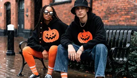 Halloween couple in pumpkin-print streetwear sweatshirts on a city bench, 4K Ultra HD PC desktop wallpaper background.