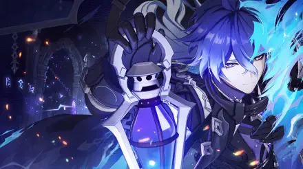 5K Ultra HD Genshin Impact desktop wallpaper featuring blue-haired anime boy Flins beside a futuristic armored figure amid glowing blue effects.