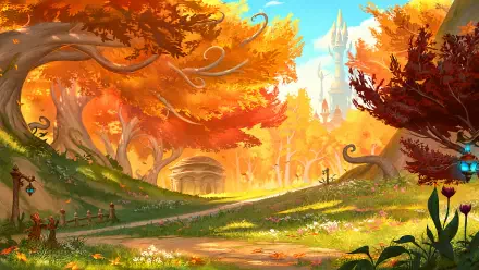 World of Warcraft: Midnight autumn forest with golden trees and a distant city, 4K Ultra HD PC desktop wallpaper and background.