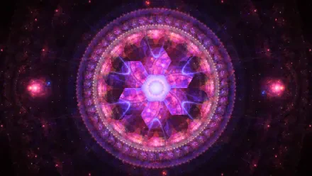 Vibrant purple fractal mandala glowing in a starry space scene, 4K Ultra HD PC desktop wallpaper and background.