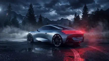 Peugeot RCZ Vision luxury sports car on a misty mountain road at night, 5K Ultra HD desktop wallpaper