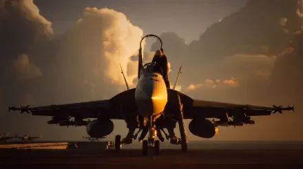 Ace Combat 8 5K Ultra HD PC desktop wallpaper of a military jet fighter on a runway at sunset.