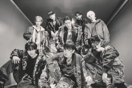 ATEEZ Golden Hour K-pop boy band group portrait in dramatic monochrome, 4K Ultra HD PC desktop wallpaper and background.