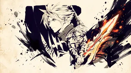 Final Fantasy Resonance anime art featuring Cloud Strife and Rain with a fiery sword, 5K Ultra HD PC desktop wallpaper.