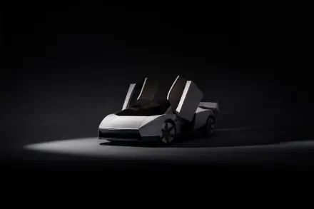 Tesla Roadster concept sports car with raised doors in a dark studio, featured in a 2K Quad HD PC desktop wallpaper.