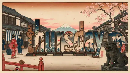 Thursday typography over a Japanese street illustration with Mount Fuji at sunset, 4K Ultra HD desktop wallpaper background.