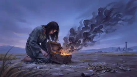A woman opens Pandora’s treasure chest as dark smoke rises, in a 4K Ultra HD PC desktop wallpaper background.