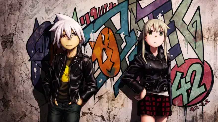 Soul Evans and Maka Albarn in leather jackets against graffiti, featured in a 5K Ultra HD Soul Eater desktop wallpaper background.