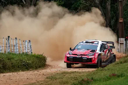 Toyota Gazoo Racing GR Yaris Rally1 kicking up dust on a forest WRC stage, 5K Ultra HD desktop wallpaper