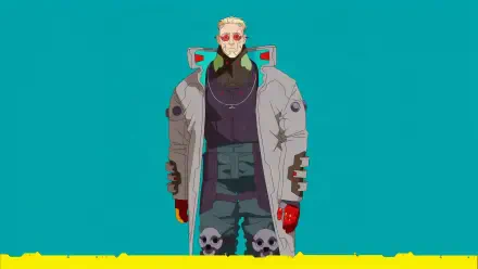 Cyberpunk: Edgerunners 2 cartoon man in a long gray coat against a teal background, 4K Ultra HD PC desktop wallpaper and background.