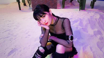 TWICE singer Momo, MiSaMo member and Japanese model, poses in a black outfit in this 5K Ultra HD desktop wallpaper.