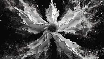 Abstract black-and-white snow angel flower with jagged crystalline petals radiating outward, a 4K Ultra HD PC desktop wallpaper and background.