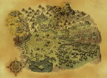 Parchment-style Hyrule map from The Legend of Zelda: Ocarina of Time (2026), shown as a 2K Quad HD PC desktop wallpaper and background.