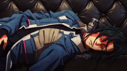 Cyberpunk: Edgerunners 2 anime 5K Ultra HD PC desktop wallpaper of a red-eyed character in a blue jacket reclining against a dark tufted couch.
