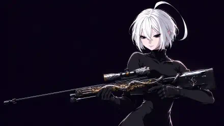 White-haired anime sniper girl holding a rifle against a dark background, 4K Ultra HD PC desktop wallpaper