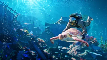Kliff from Crimson Desert scuba dives beside a sea turtle in a vibrant underwater world, featured in a 4K Ultra HD PC desktop wallpaper.