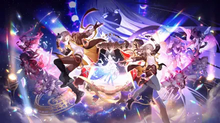 Aha and anime girls from Honkai: Star Rail leap through a glowing cosmic scene in this 5K Ultra HD PC desktop wallpaper.