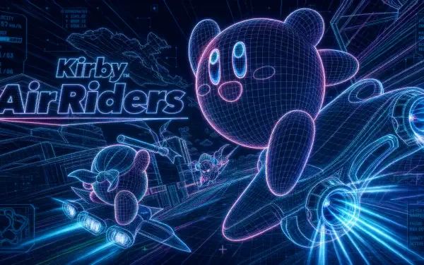Neon wireframe Kirby Air Riders scene: Kirby and companions racing on airboards through a glowing futuristic track. 4K Ultra HD PC desktop wallpaper from the Kirby video game.