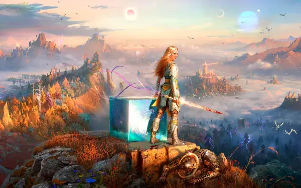 God of War: Laufey 4K Ultra HD PC desktop wallpaper — Laufey stands on a rocky cliff with spear, overlooking a vast sunlit, colorful fantasy landscape.