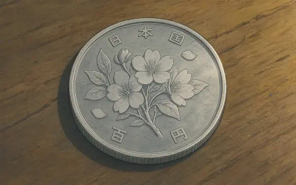 Close-up of a silver Japanese 100‑yen coin featuring a cherry blossom motif on warm wood grain, presented as a 4K Ultra HD PC desktop wallpaper and background.