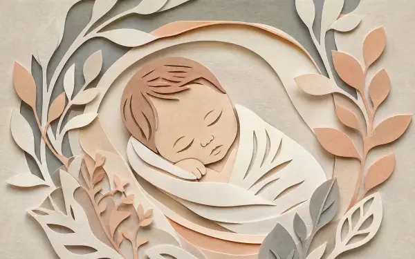 Paper-cut newborn sleeping in swaddle among soft leaves — 4K Ultra HD PC desktop wallpaper/background.