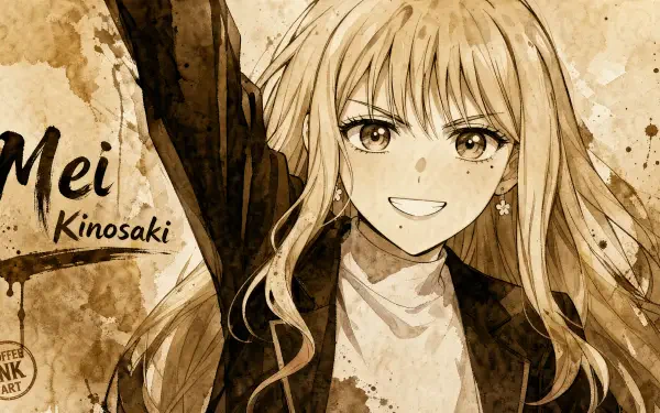 Sepia-tone anime portrait of Mei Kinosaki smiling, flowing hair and star earring, rendered as a high-detail 4K Ultra HD PC desktop wallpaper background.