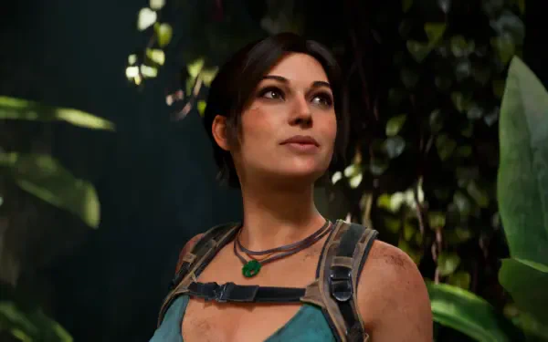 Lara Croft (Tomb Raider: Legacy of Atlantis) in a lush jungle, teal top and explorer gear — 4K Ultra HD video game PC desktop wallpaper.