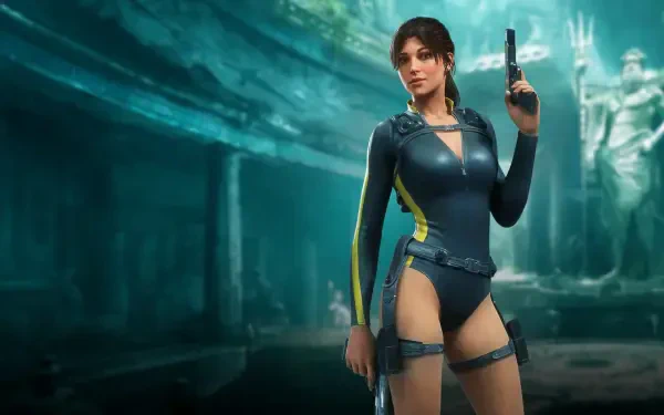 4K Ultra HD PC wallpaper: Lara Croft from the video game Tomb Raider: Legacy of Atlantis stands in Atlantis ruins, holding a pistol in a sleek wetsuit amid teal underwater lighting.