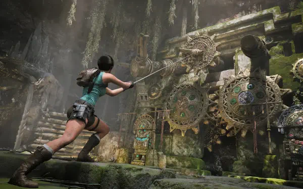Lara Croft from the video game Tomb Raider: Legacy of Atlantis pulls a rope to turn massive moss-covered gears in an ancient ruin — 4K Ultra HD PC desktop wallpaper/background.
