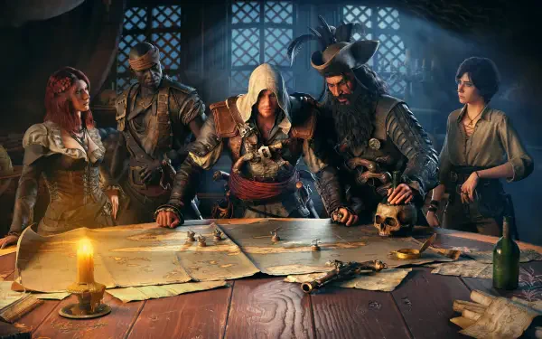 4K Ultra HD PC desktop wallpaper of the video game Assassin's Creed Black Flag Resynced: a hooded assassin and pirate crew lean over a map in a candlelit ship cabin.