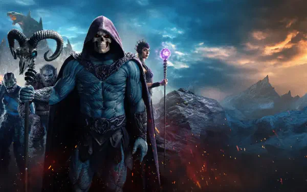 Masters of the Universe (2026) movie 4K Ultra HD PC desktop wallpaper/background: skeletal-armored villain and robed hero with a glowing staff stand before a fiery, mountainous battlefield.