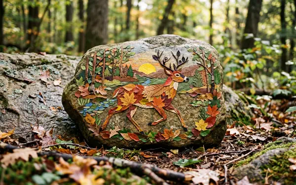 Rock painting of a colorful deer on a forest boulder with autumn leaves and trees — 5K Ultra HD PC desktop wallpaper and background.