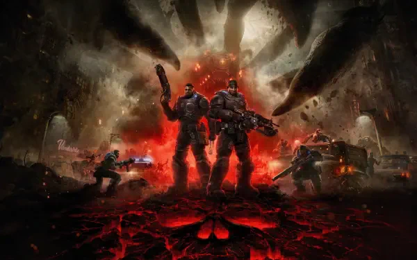 Gears of War: E-Day 2K Quad HD PC desktop wallpaper — two armored soldiers wield rifles, backlit by a fiery red crater as gunfire and shadowed enemies rise amid a ruined cityscape.