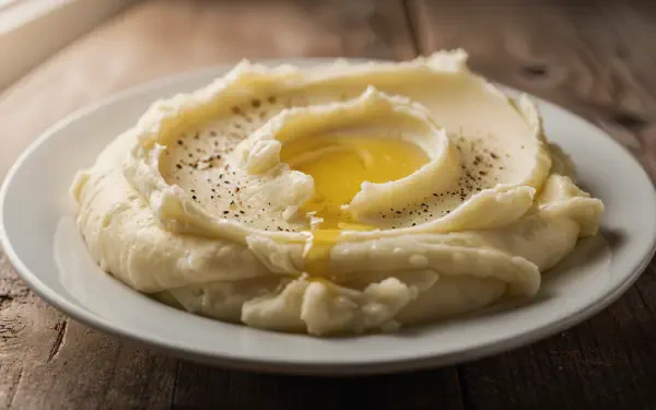 4K Ultra HD PC desktop wallpaper: creamy mashed potatoes on a white plate with a butter-filled well and cracked pepper on a rustic wooden table.